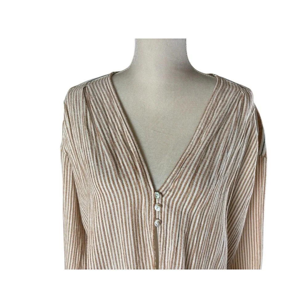 Free People Cotton Linen Blend Cardigan Duster Women's XS Brown White Stripes